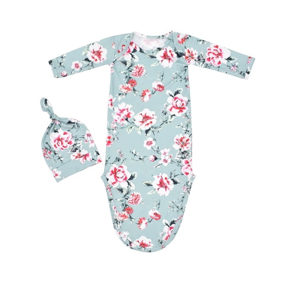 WIBACKER Baby Girls Boys Nightgowns Milk Silk Sleeper Bag Newborn Coming Home Outfits Floral Knotted Gown with Hat