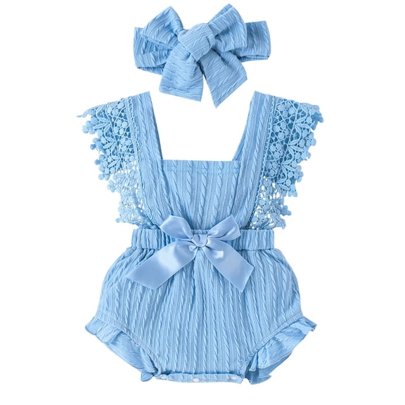 WIBACKER Baby Girls Cotton Jacquard Playsuits Ruffled Bodysuit+Headband Sleeveless Romper Bowknot Jumpsuit Infant Summer Clothes