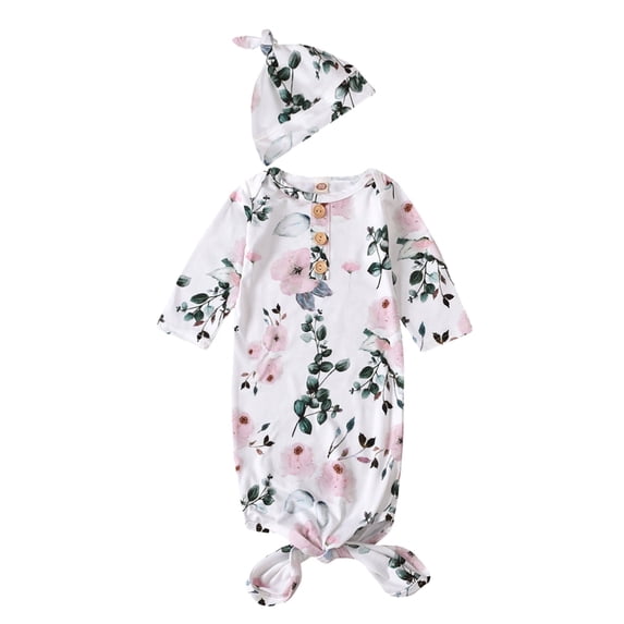 WIBACKER Baby Girls Boys Nightgowns Milk Silk Sleeper Bag Newborn Coming Home Outfits Floral Knotted Gown with Hat