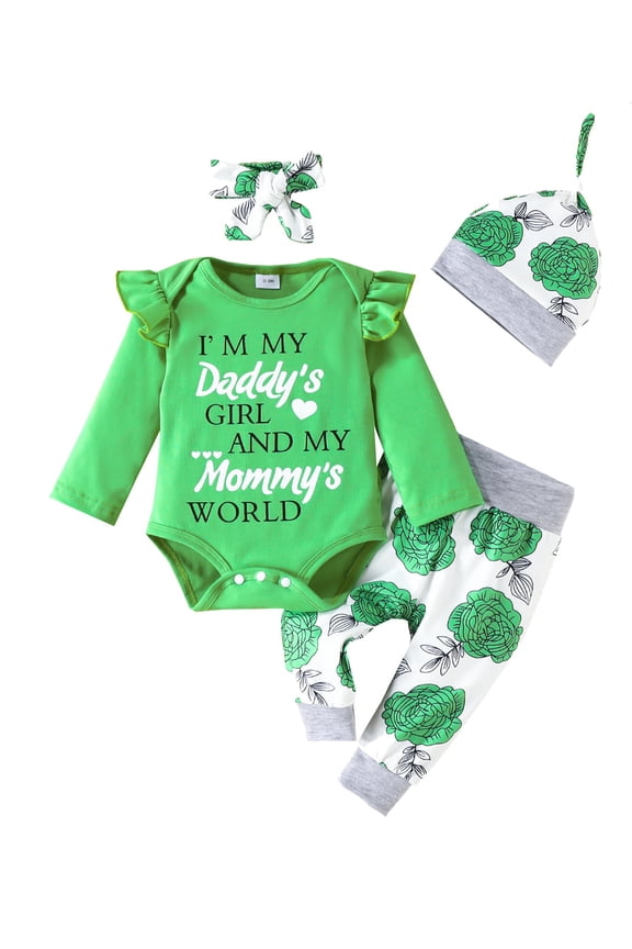 Baby Girls Ruffle Long Sleeve Romper Pants 4PCS Rose Floral Cute Outfits Clothes