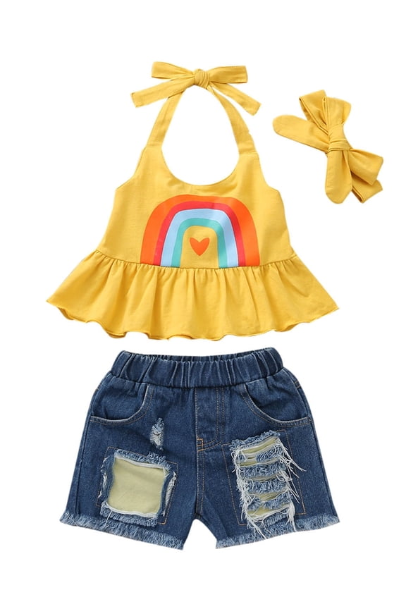 Baby Girls Summer Outfits Rainbow Halter Tops Denim Shorts Casual Clothes-4-5T Toddler Kid