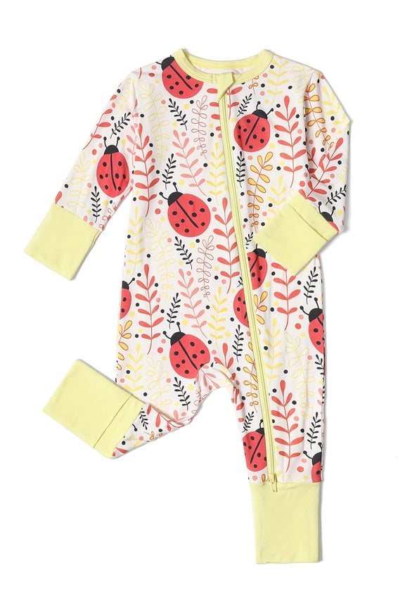 3-24M Bamboo Viscose Baby Convertible Footie Pajamas, Sleep and Play Footed Zipper Sleeper for Baby Girls - Ladybug