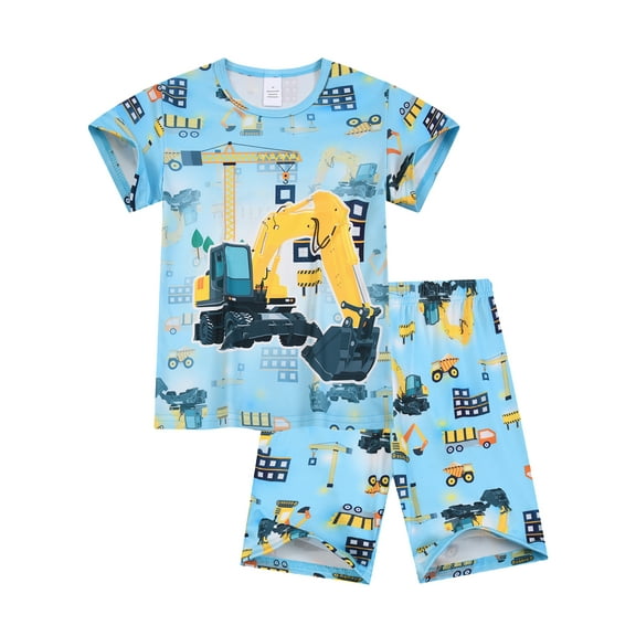 WIBACKER Boys 3D Excavator Printed Pajamas Short Sleeves 2-Piece Toddler PJs Set Kid Sleepwear Summer Comfy Jammies