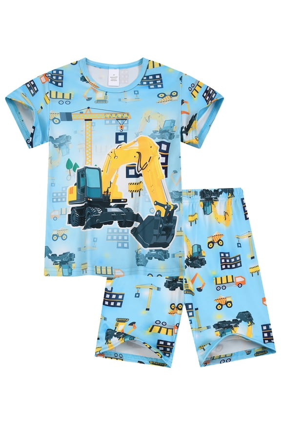 Boys 3D Excavator Printed Pajamas Short Sleeves 2-Piece Toddler PJs Set Kid Sleepwear Summer Comfy Jammies