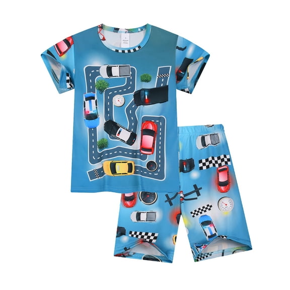 WIBACKER Boys 3D Racing Car Printed Pajamas Short Sleeves 2-Piece Toddler PJs Set Kid Sleepwear Summer Comfy Jammies