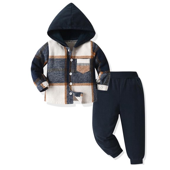 WIBACKER Boys Casual Sets Toddler Plaid Outfits Flannel Hooded Shirts Sweatpants Kids Spring Fall Clothes Set