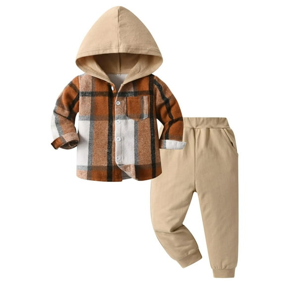 WIBACKER Boys Casual Sets Toddler Plaid Outfits Flannel Hooded Shirts + Sweatpants Kids Spring Fall Clothes Set