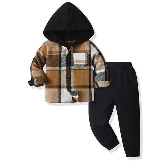 WIBACKER Boys Casual Sets Toddler Plaid Outfits Flannel Hooded Shirts   Sweatpants Kids Spring Fall Clothes Set