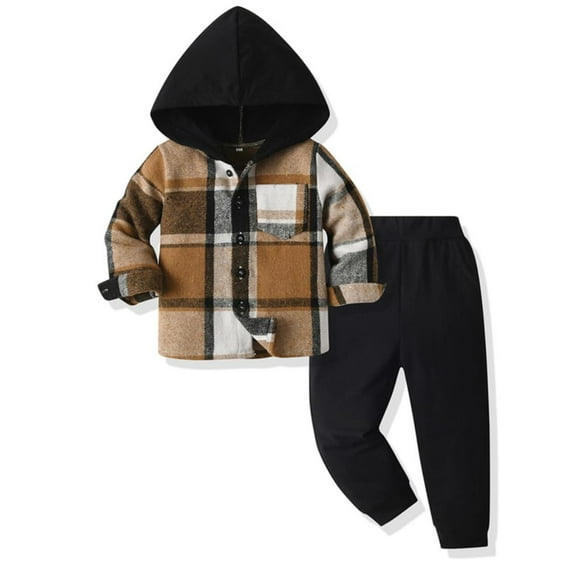 WIBACKER Boys Casual Sets Toddler Plaid Outfits Flannel Hooded Shirts + Sweatpants Kids Spring Fall Clothes Set