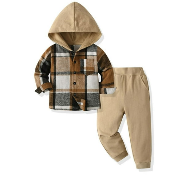 WIBACKER Boys Casual Sets Toddler Plaid Outfits Flannel Hooded Shirts   Sweatpants Kids Spring Fall Clothes Set