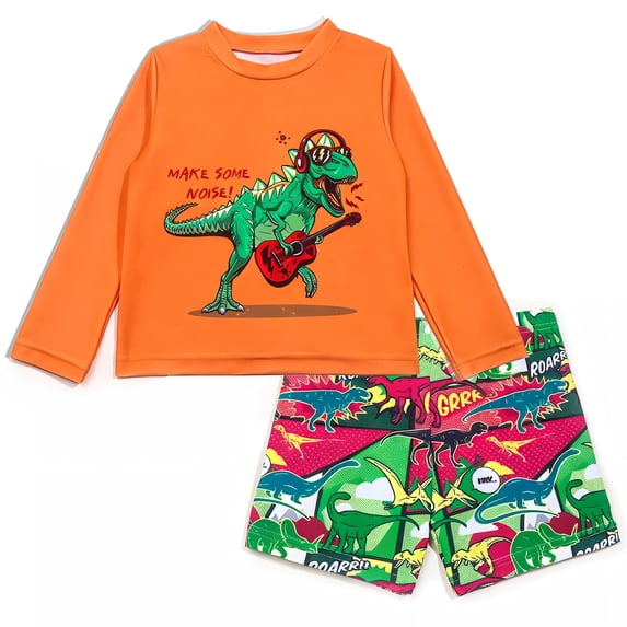WIBACKER Boys Dinosaur Two Piece Swimwear Set Long Sleeve Rash Guard and Swim Trunks Quick Dry Bathing Suit UPF50+ Swimsuits for Kids Boys 1-7 Years