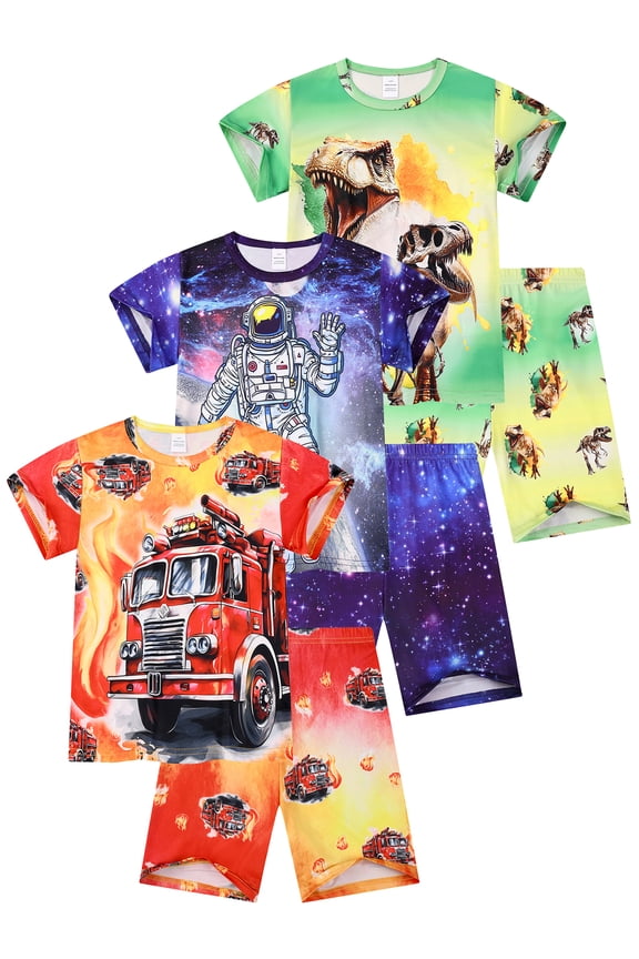 Boys Pajamas 2 Piece Soft Comfy PJs T-shirts and Shorts Set Summer Sleepwear for Kids 3-10 Years-Fire Truck