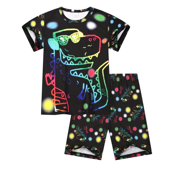 WIBACKER Boys Pajamas 2 Piece Soft Comfy PJs T-shirts and Shorts Set Summer Sleepwear for Kids 3-10 Years-Graffiti Dinosaur