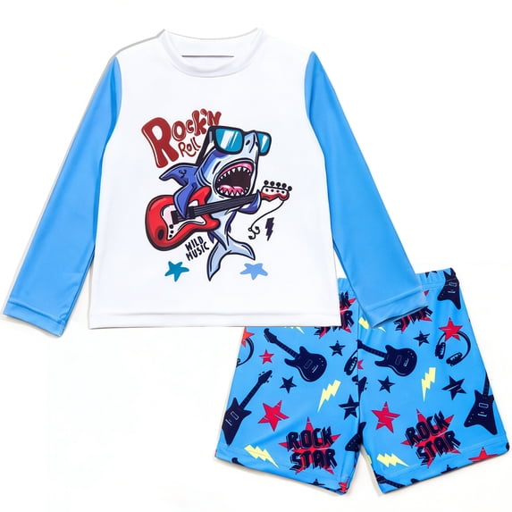 WIBACKER Boys Shark Two Piece Swimwear Set Long Sleeve Rash Guard and Swim Trunks Quick Dry Bathing Suit UPF50+ Swimsuits for Kids Boys 1-7 Years