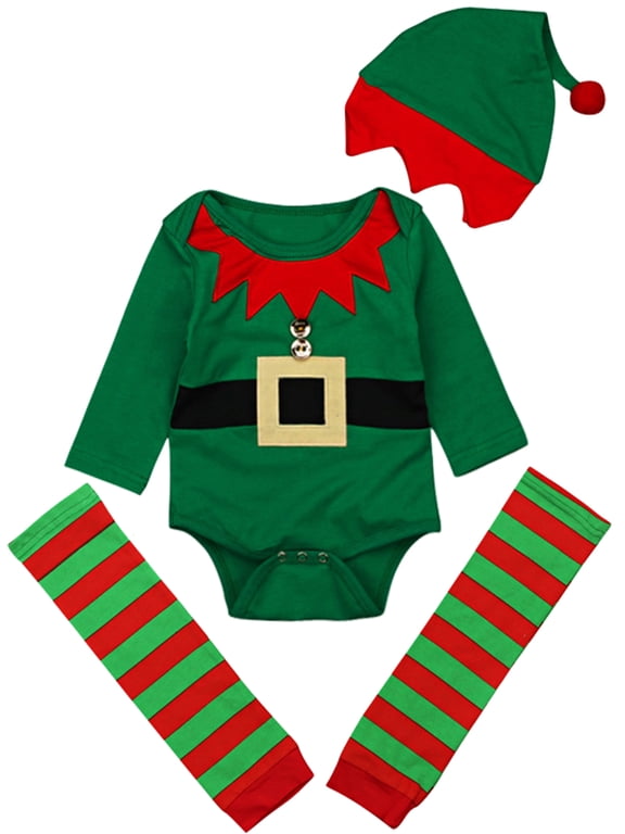 Christmas Elf Costumes Cotton Baby Girls Boys Long Sleeve Romper + Cap + Striped Leg Warmer 3Pcs Set Outfits