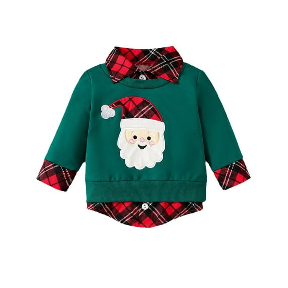 WIBACKER Christmas Toddler Boys Girls Casual Collared Curved Hem 2 in 1 Pullover Sweatshirts Cotton Plaid Contrast Shirt