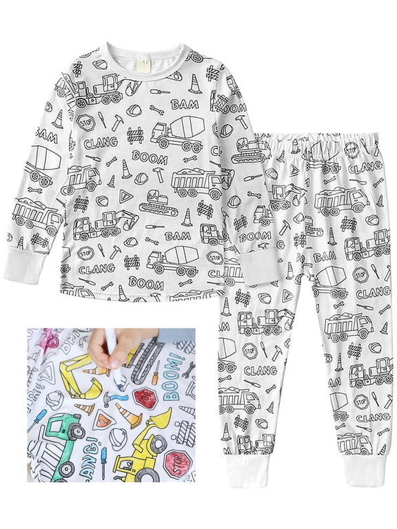 Color Your Own Pajamas for Toddler and Little Girls, DIY Painted 2PCS Pjs Sleepwear Set - Excavator 3T