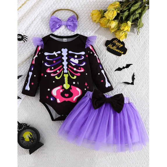WIBACKER Colorful Skeleton Outfits for Newborn Baby Girls, Infant Girls Long Sleeve Romper+Tutu Skirts+Headband Set Clothes