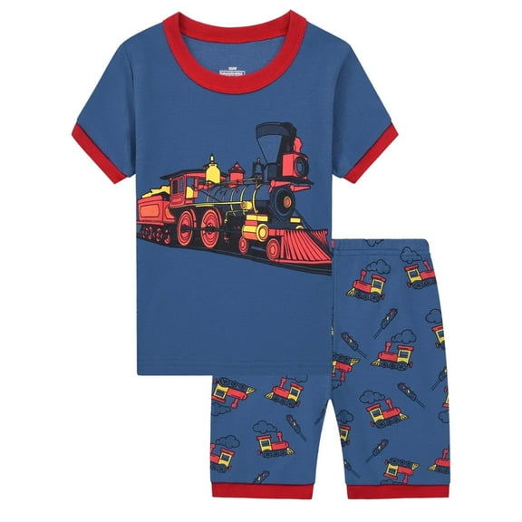 WIBACKER Cotton 2 Pieces Pajamas for 3-8T Boys Summer Sleepwear Kids Short Sleeve Tops and Shorts Set - Train