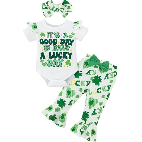 WIBACKER Cute My First St. Patrick's Day Baby Girl Outfit Set Short Sleeve Bodysuit + Clover Flare Pants + Headband