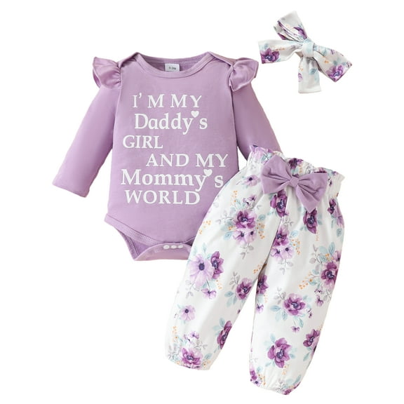 WIBACKER Daddy's Girl Mommy's World Newborn Outfit Baby Girl Going Home Outfits Ruffle Ribbed Romper Top Floral Pants Set Fall Winter Clothes