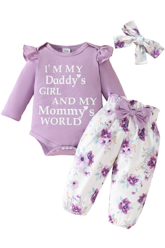 Daddy's Girl Mommy's World Newborn Outfit Baby Girl Going Home Outfits Ruffle Ribbed Romper Top Floral Pants Set Fall Winter Clothes