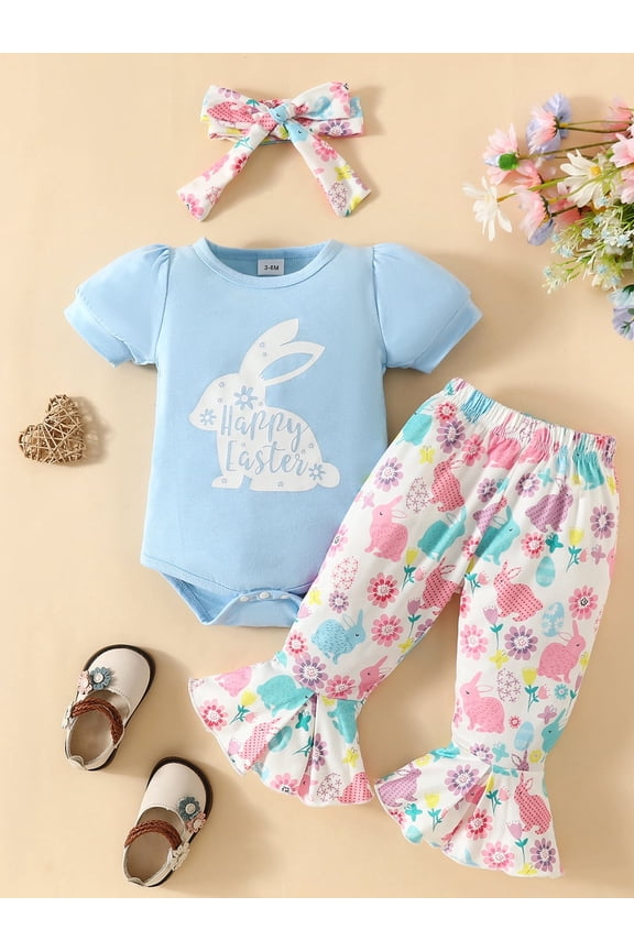 Easter Outfits for Infant Girls Clothes Bunny Romper Tops + Flared Pants + Headband Baby Set
