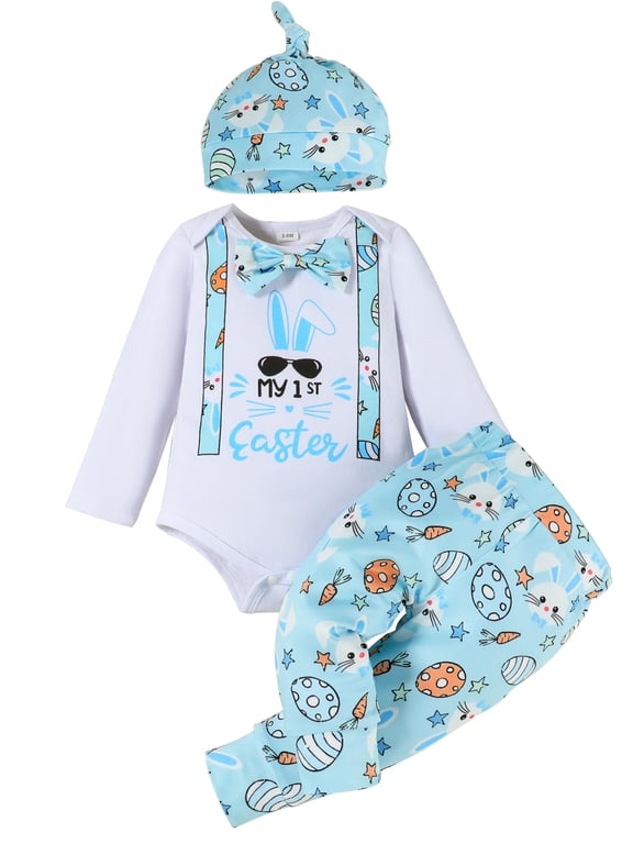 Gentleman Baby Boy My 1st Easter Letter Romper+Pants+Hat Easter Egg Newborn Infant Boy Outfit 12-18 Months