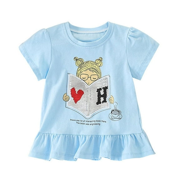 WIBACKER Girl's T Shirts Short Sleeve Cute Graphic Tees Ruffles Cartoon Heart Print Summer Tops