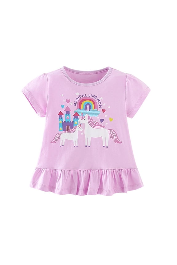 Girl's T Shirts Short Sleeve Cute Graphic Tees Ruffles Cartoon Unicorn Print Summer Tops
