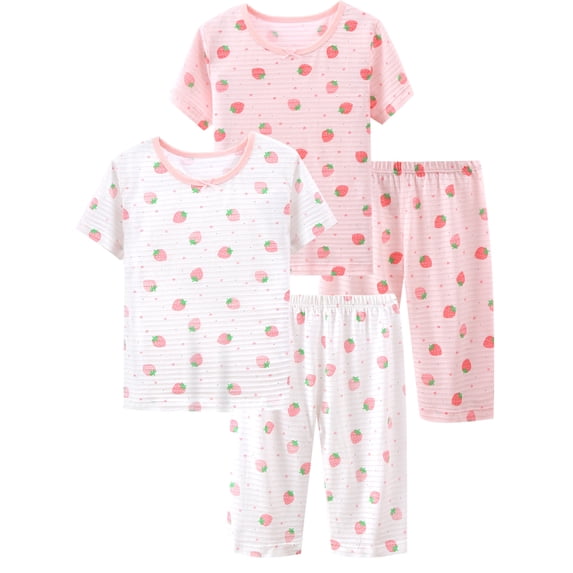 WIBACKER Girls 4 Pieces Cotton Pajamas Set 2-15Y Toddler Girls Short Sleeve and Shorts Sleepwear Summer Strawberry Jammies