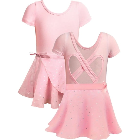 WIBACKER Girls Ballet Leotards Kids Short Sleeve Crisscross Back Dance Dress Outfit with Removable Shiny Skirt Combo