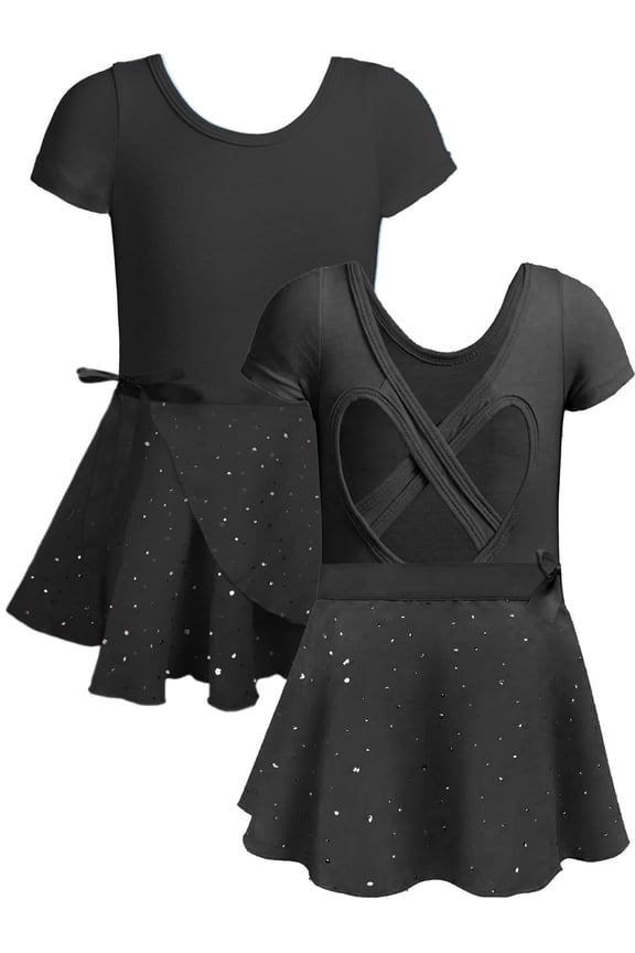 Girls Ballet Leotards Kids Short Sleeve Crisscross Back Dance Dress Outfit with Removable Shiny Skirt Combo
