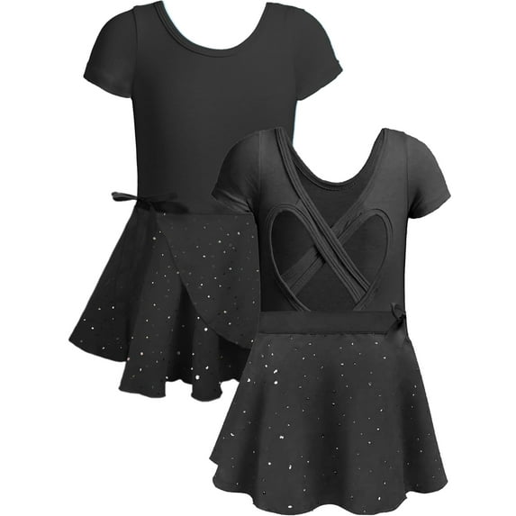 WIBACKER Girls Ballet Leotards Kids Short Sleeve Crisscross Back Dance Dress Outfit with Removable Shiny Skirt Combo