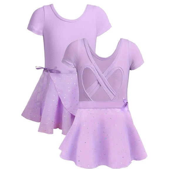 WIBACKER Girls Ballet Leotards Kids Short Sleeve Crisscross Back Dance Dress Outfit with Removable Shiny Skirt Combo