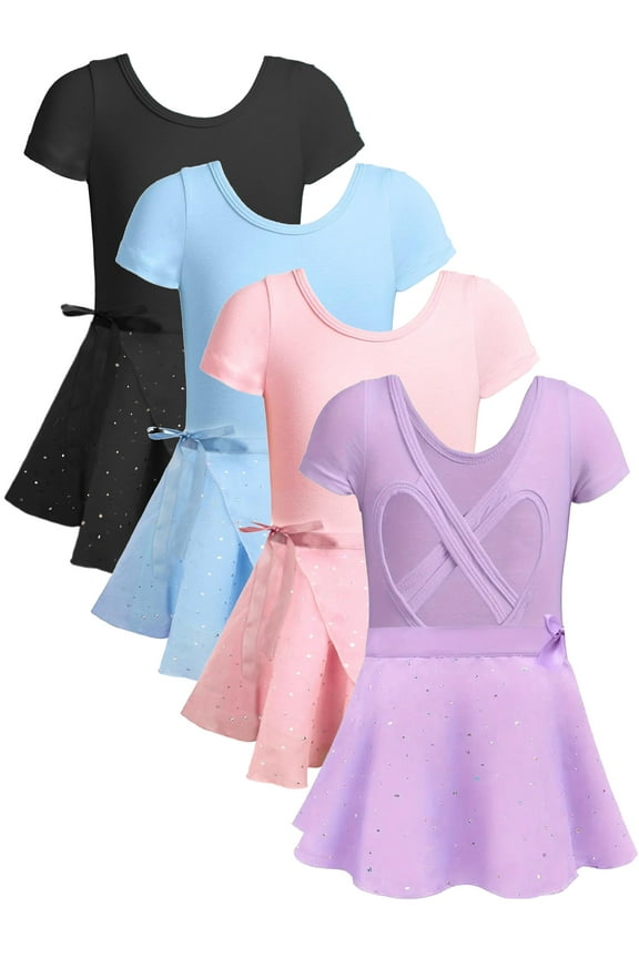 Girls Ballet Leotards Kids Short Sleeve Crisscross Back Dance Dress Outfit with Removable Shiny Skirt Combo