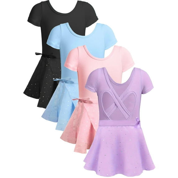 WIBACKER Girls Ballet Leotards Kids Short Sleeve Crisscross Back Dance Dress Outfit with Removable Shiny Skirt Combo