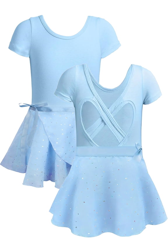 Girls Ballet Leotards Kids Short Sleeve Crisscross Back Dance Dress Outfit with Removable Shiny Skirt Combo