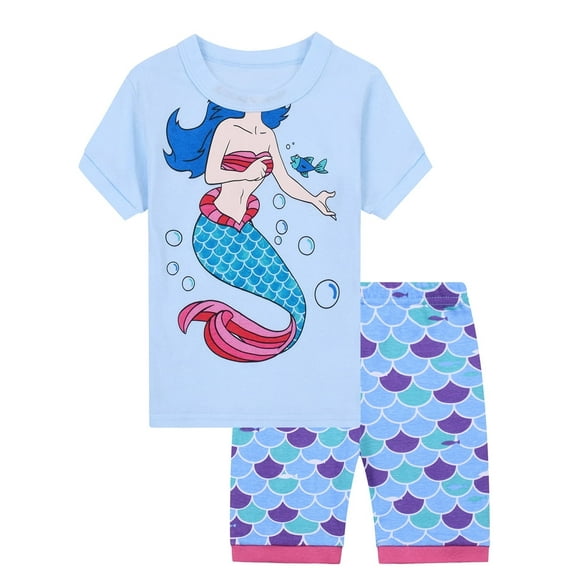 WIBACKER Girls Cotton Pajamas Short Sleeve 2-Piece Pjs for Toddler Girls Kids Mermaid Sleepwear Sets 3-12 Years
