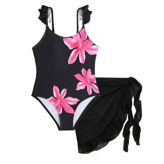 WIBACKER Girls Floral Print Swimsuit Adjustable Straps One Piece Bathing Suit with Cover Up Skirt Girls' Swimwear 5-12Y, Black