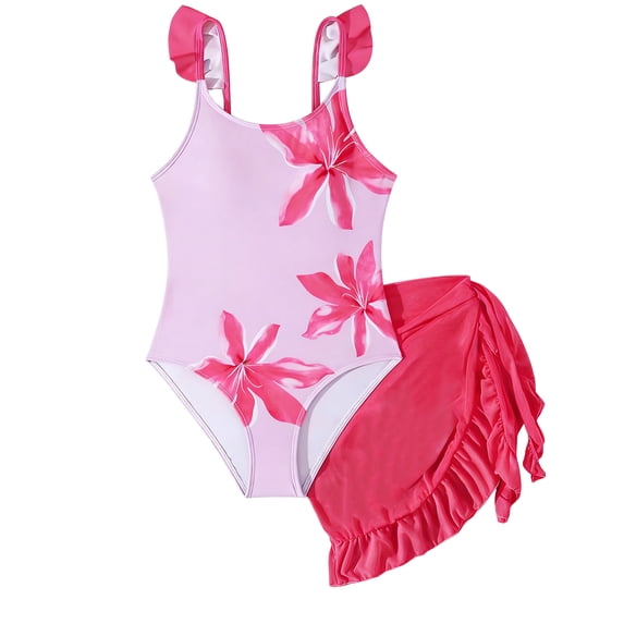 WIBACKER Girls Floral Print Swimsuit Adjustable Straps One Piece Bathing Suit with Cover Up Skirt Girls' Swimwear 5-12Y, Hot Pink