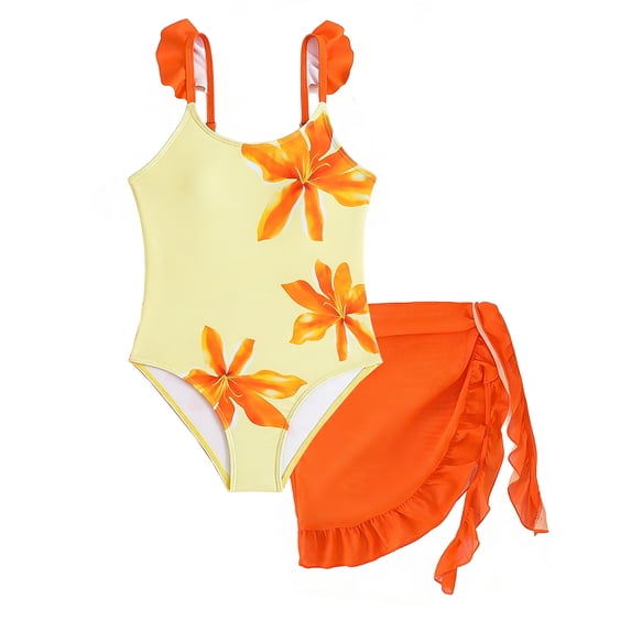 WIBACKER Girls Floral Print Swimsuit Adjustable Straps One Piece Bathing Suit with Cover Up Skirt Girls' Swimwear 5-12Y, Orange