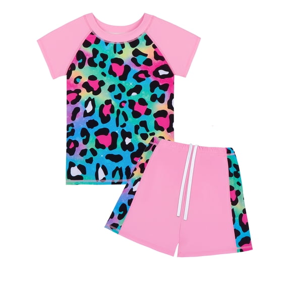 WIBACKER Girls Leopard Swimsuit Set 2 Pieces Short Sleeve Rash Guard Swimwear UPF 50+ Summer Beach Bathing Suit 4-12 Years