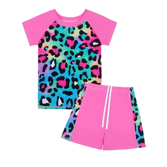 WIBACKER Girls Leopard Swimsuit Set 2 Pieces Short Sleeve Rash Guard Swimwear UPF 50+ Summer Beach Bathing Suit 4-12 Years