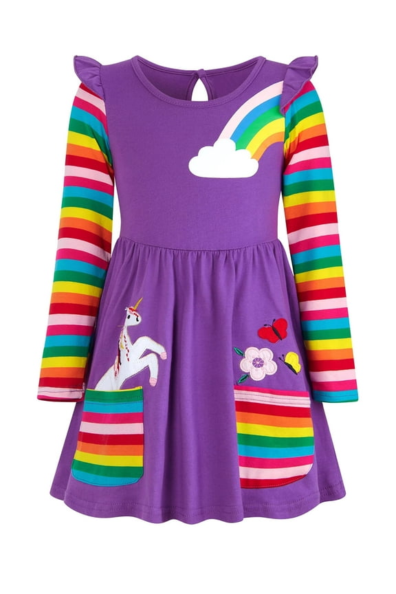 Girls Long Sleeve Stretchy Dress Kids A line Twirly Skater Casual Rainbow Unicorn Dresses