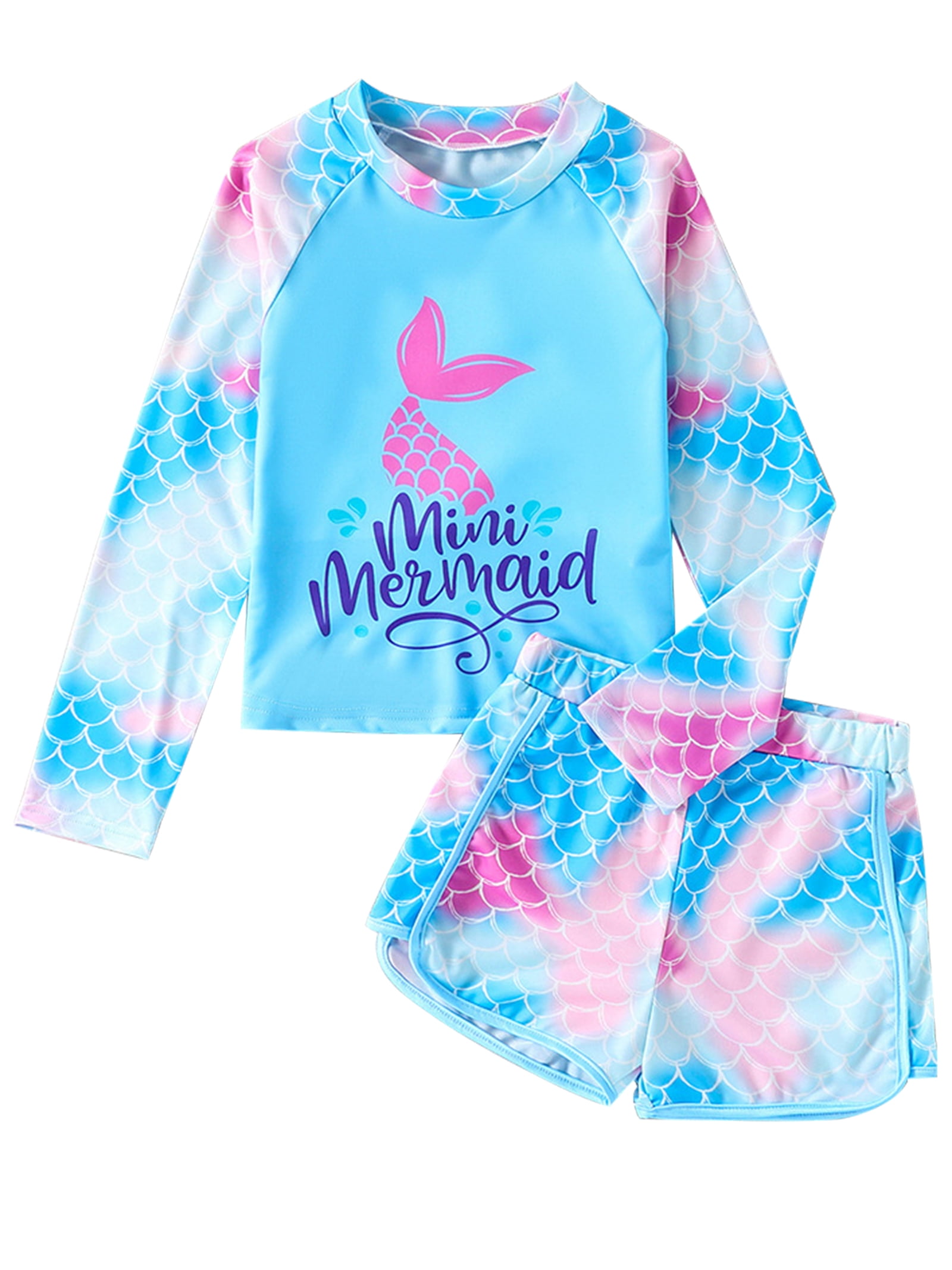 WIBACKER Girls Mermaid Rash Guard Swimsuit 2-Pieces Long Sleeve Bathing ...