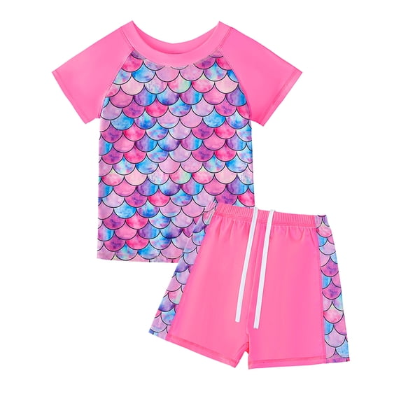 WIBACKER Girls Mermaid Swimsuit Set 2 Pieces Short Sleeve Rash Guard Swimwear UPF 50+ Summer Beach Bathing Suit 4-12 Years