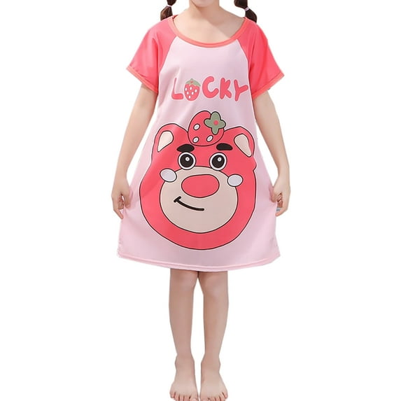 WIBACKER Girls Nightgowns 3-12 Years Milk Silk Short Sleeves Nightdress Kids Nightie Dress Sleepwear Pajamas for Little Girls