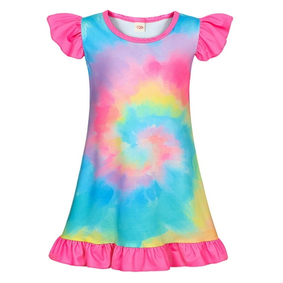 WIBACKER Girls Nightgowns 3-9 Years Flutter Short Sleeves Nightdress Kids Sleepwear Tie-dye Pajamas for Little Girls