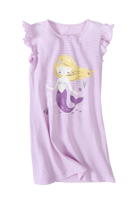 Girls Nightgowns Cotton Pajamas Dresses Flutter Short Sleeves Sleepwear Princess Mermaid Nightshirt for Kids 3-16Y